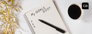 Banner zeigt Notizbuch mit Liste für Ziele im Jahr 2024